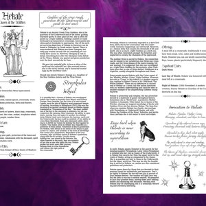 May include: A black and white illustration of Hekate, the Greek goddess of magic, crossroads, and the underworld. The illustration depicts Hekate with three heads, holding a torch in each hand. The text below the illustration describes Hekate's origins, dominion, symbols, card card, workings, and other titles.