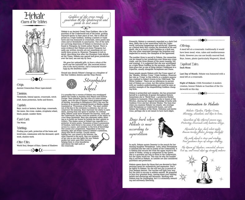 May include: A black and white illustration of Hekate, the Greek goddess of magic, crossroads, and the underworld. The illustration depicts Hekate with three heads, holding a torch in each hand. The text below the illustration describes Hekate's origins, dominion, symbols, card card, workings, and other titles.