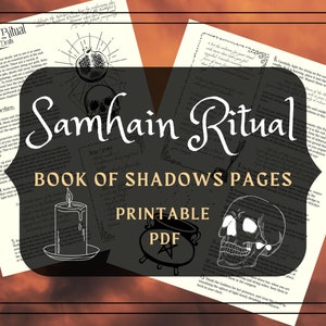 Puede incluir: Páginas imprimibles del Libro de las Sombras para el ritual de Samhain con ilustraciones de una calavera, un caldero, una vela y una granada. El texto en la página dice "Ritual de Samhain Honrando la Muerte" y "Páginas del Libro de las Sombras Imprimibles PDF".