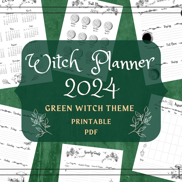 Witchy Planner Printable Pages - Witch Planner Pages - 2024 A4 A5 Witches Year Planner - Green Witch Journal Grimoire Ink Saver