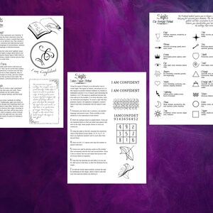 May include: A black and white printable worksheet with instructions on how to create sigils using a square grid method. The worksheet includes a sample sigil for the phrase "I am confident".