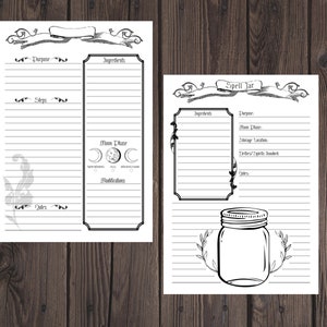 Puede incluir: Dos p&aacute;ginas imprimibles en blanco y negro para registrar hechizos. Una p&aacute;gina incluye secciones para el prop&oacute;sito, los pasos y la fase lunar. La otra p&aacute;gina est&aacute; etiquetada como "Spell Jar" y tiene una ilustraci&oacute;n de un tarro.