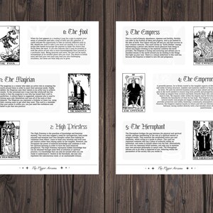 May include: Black and white illustrations of tarot cards, featuring the Major Arcana cards 0-5: The Fool, The Magician, The High Priestess, The Empress, The Emperor, and The Hierophant. Each card features a unique image and text describing the card's meaning.