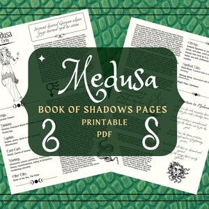 Peut inclure: Pages imprimables du Livre des Ombres mettant en scène Méduse, une figure mythologique grecque avec des serpents pour cheveux. Les pages sont vertes et noires avec une illustration blanche de Méduse. Le texte sur la page indique "Medusa Book of Shadows Pages Printable PDF".