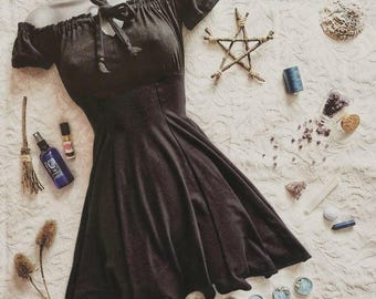 Black Whimsigoth Milkmaid Mini Dress with Off Shoulder Puff Sleeves