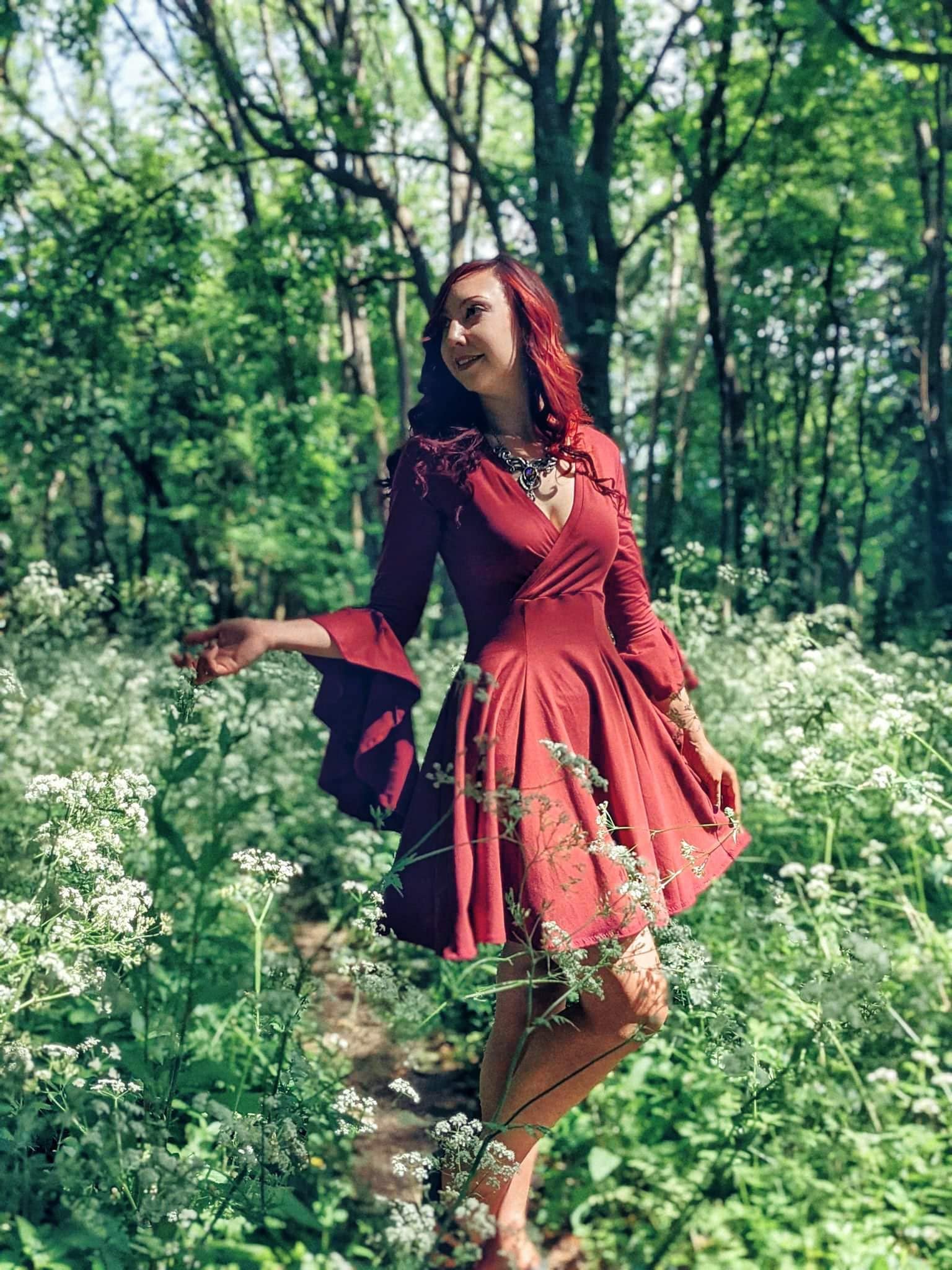 Red Elven Renaissance Cotton Gown with Bell Sleeves
