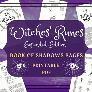 Puede incluir: Conjunto de páginas PDF imprimibles con el título "Witches' Runes Expanded Edition". El diseño presenta un fondo morado con texto blanco e ilustraciones de ojos, runas y símbolos celestiales. Las páginas son para un libro de sombras.