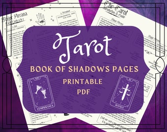 May include: Purple and white printable tarot book of shadows pages with the text "Tarot Book of Shadows Pages Printable PDF" and images of the Temperance and Justice tarot cards.