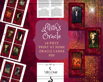 May include: A printable PDF download for Lilith's Oracle, a 28-piece oracle card deck. The image shows a collage of cards with dark, gothic imagery and a title card with the text "Lilith's Oracle 28 Piece Print at Home Oracle Cards PDF".