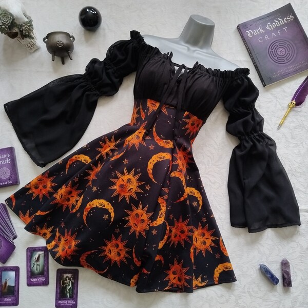 Sun Moon Witch Dress - Hemels Zwart Oranje Gotische Heksenstijl Jurk UK 10 (US 6) Witchcore 90s
