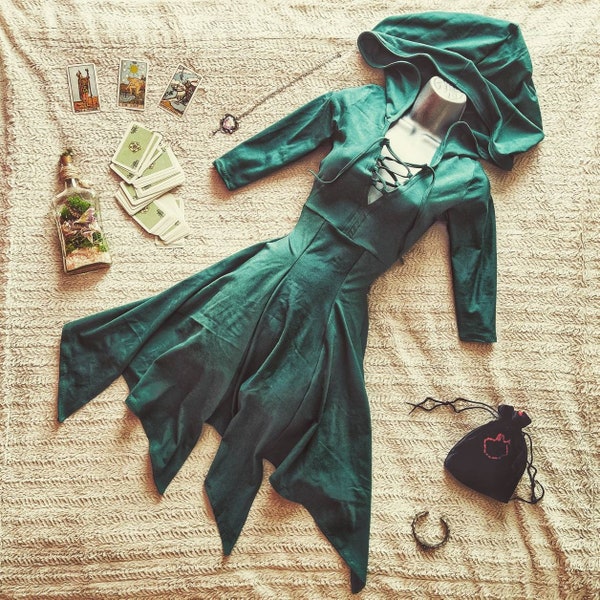 The Morrigan Dress - Witch Dress - Hooded Dress - Long Bell Sleeve Dress - Green Pixie Handkerchief Hem Hood Dress