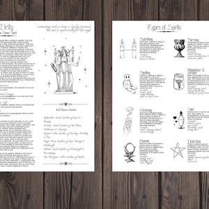 May include: Two-page print with text and illustrations about deities and spells. The left page features text about deities, a drawing of a three-faced figure, and a list of deities. The right page lists types of spells with illustrations.