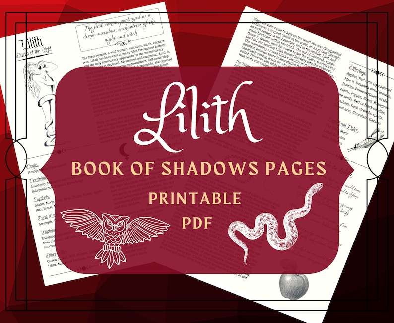 Pu&ograve; includere: Pagine stampabili del Libro delle Ombre con Lilith, la succube demoniaca, con illustrazioni di un gufo, un serpente e una mela. Il testo include le parole "Book of Shadows Pages", "Printable" e "PDF".