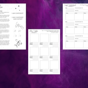 May include: A printable worksheet with instructions on how to create sigils, a visual representation of an intention. The worksheet includes a section for creating sigils and a section for recording them. The text on the worksheet reads "Sigils or Letter Method" and "I am confident I am confident I am confident".