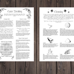 May include: Two pages of text with illustrations, detailing rituals for curse breaking and cleansing. The left page focuses on curse breaking, with instructions for a cleansing bath and herbs. The right page covers cleansing methods like smoke, sound, and fire.