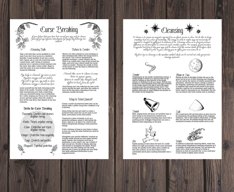 May include: Two pages of text with illustrations, detailing rituals for curse breaking and cleansing. The left page focuses on curse breaking, with instructions for a cleansing bath and herbs. The right page covers cleansing methods like smoke, sound, and fire.
