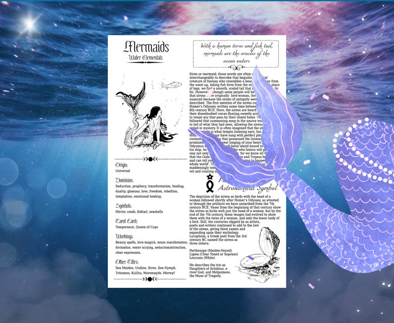 Puede incluir: Una ilustraci&oacute;n en blanco y negro de una sirena con un torso humano y una cola de pez. La ilustraci&oacute;n est&aacute; rodeada de texto sobre las sirenas, sus or&iacute;genes y su simbolismo. El texto incluye las palabras "Mermaids", "Italer Elementals", "Origin", "Dominion", "Symbols", "Tarot Card", "Workings", "Other Titles", y "Astronomical Symbol".