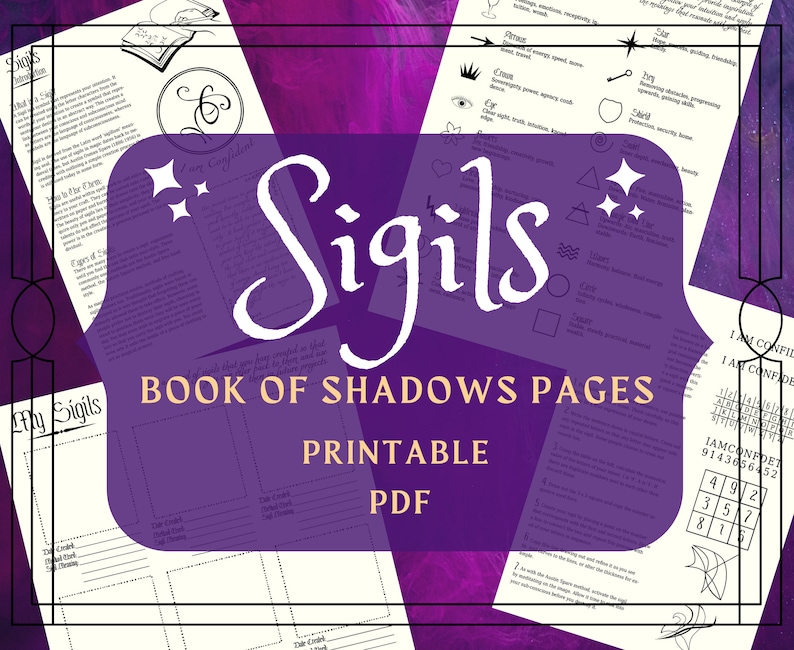 May include: Printable Book of Shadows pages with sigils for magic and witchcraft. The pages feature a purple background with a white border and the text "Sigils Book of Shadows Pages Printable PDF".
