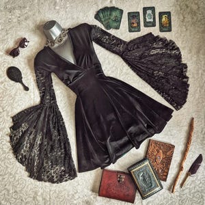 black witch dress short Gothic Punk Dark Style Witch Velvet Square Collar Dress Women Black Sheer Chiffon Bell Sleeve A Line Short Dress