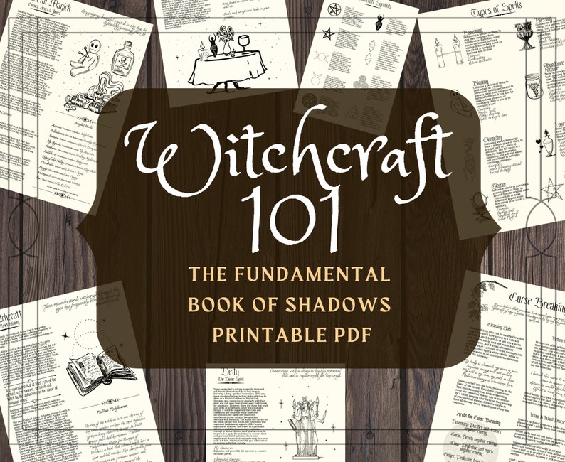 May include: A collection of printable PDF pages with illustrations and text on witchcraft. The central image features the title "Witchcraft 101" in a decorative font. The pages include drawings of potions, candles, and other mystical elements.