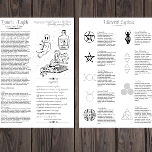 May include: Two pages of a book with illustrations and text about witchcraft. One page details "Baneful Magick" with drawings of a voodoo doll, a skull, and a poison bottle. The other page shows "Witchcraft Symbols" including a pentacle, spiral goddess, and triskele.