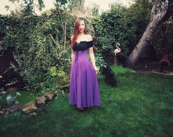 Purple and Black Whimsigoth Maxi Dress with Off Shoulder Milkmaid Bodice