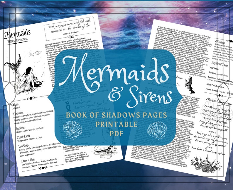 Puede incluir: P&aacute;ginas imprimibles del Libro de las Sombras con sirenas y sirenas. Las p&aacute;ginas incluyen ilustraciones, descripciones y s&iacute;mbolos astrol&oacute;gicos. El texto incluye las palabras "Sirenas y sirenas" y "P&aacute;ginas del Libro de las Sombras".