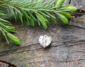 May include: A silver heart-shaped charm with a textured surface, resting on a piece of weathered wood with green pine needles.