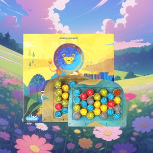 Peut inclure: Un jeu de soci&eacute;t&eacute; color&eacute; avec une illustration de lion bleu sur la bo&icirc;te. Le plateau de jeu pr&eacute;sente des tuiles hexagonales de diff&eacute;rentes couleurs et motifs. Le jeu s'appelle "Johan Benvenuto" et est fabriqu&eacute; par Libellud.