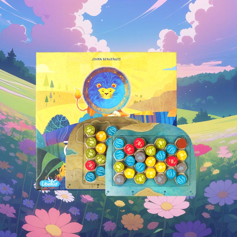 Peut inclure: Un jeu de soci&eacute;t&eacute; color&eacute; avec une illustration de lion bleu sur la bo&icirc;te. Le plateau de jeu pr&eacute;sente des tuiles hexagonales de diff&eacute;rentes couleurs et motifs. Le jeu s'appelle "Johan Benvenuto" et est fabriqu&eacute; par Libellud.