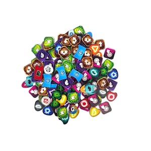 May include: A large collection of small, colorful game tokens in various shapes including squares, circles, and shields. The tokens feature diverse graphic designs such as lightning bolts, numbers, and abstract symbols in shades of green, blue, purple, orange, and black.
