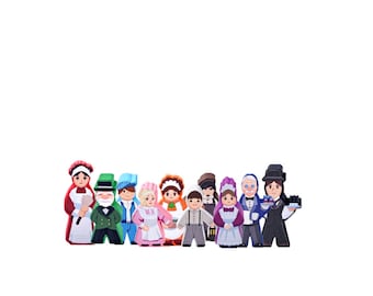 May include: A set of 12 wooden figurines depicting people in various clothing and poses. The figurines are painted in bright colors, including red, green, blue, yellow, and purple. They are all standing in a row, facing forward.