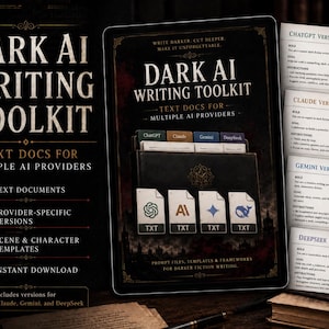 May include: A Dark AI Writing Toolkit digital product display featuring text documents for multiple AI providers including ChatGPT, Claude, Gemini, and DeepSeek. The set includes provider-specific versions, scene and character templates, and prompt files for dark fiction writing.