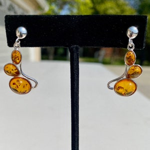 Cognac Amber Sterling Silver Post Dangle Earrings