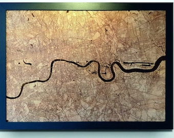 Laser Engraved London Map: Framed Hardwood Art