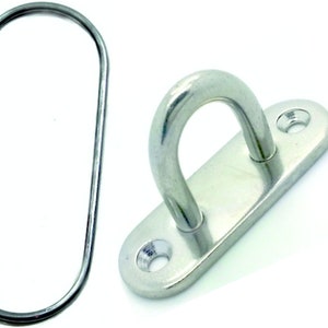 May include: Two silver metal hooks. One hook is a simple S-shaped hook. The other hook is a D-shaped hook attached to a flat metal plate with two screw holes.
