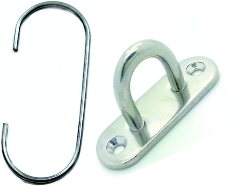 May include: Two silver metal hooks. One hook is a simple S-shaped hook. The other hook is a D-shaped hook attached to a flat metal plate with two screw holes.