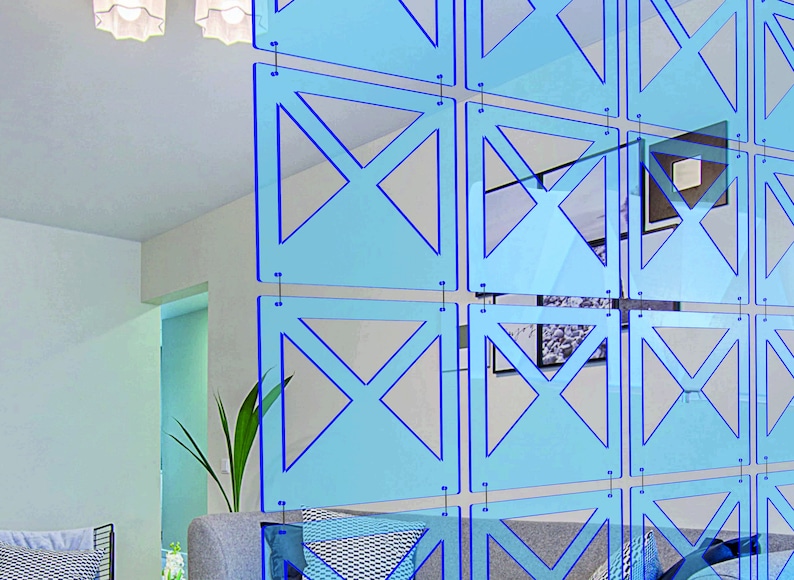 May include: A blue room divider made of acrylic panels with a geometric design. The panels are connected by metal rings.