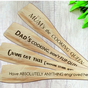 Personalised custom engraved wooden SPATULA cooking utensil for non stick Tefal pots and pans. Choose your CUSTOM UNIQUE engraved message.