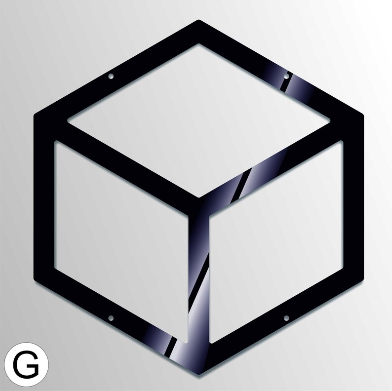 May include: Black metal geometric wall decor in the shape of a cube. The cube is outlined with a thick black line and has a reflective surface.