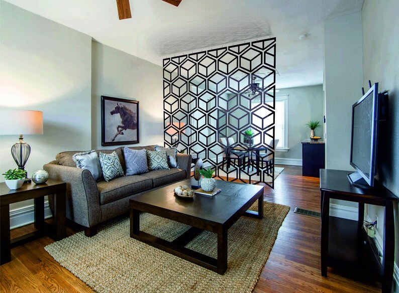 May include: A living room with a brown couch, a coffee table, and a geometric room divider. The room has a rug, wood floors, and a television on a stand.