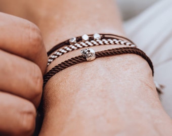 925 Sterling Silver Skull Bracelet, Sliding and adjustable Milanese Silk Brown Cord