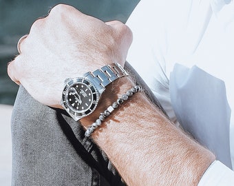 Nato Cuff - 925 Sterling silver and 6mm Larvikite Gemstones Round Beads Bracelet