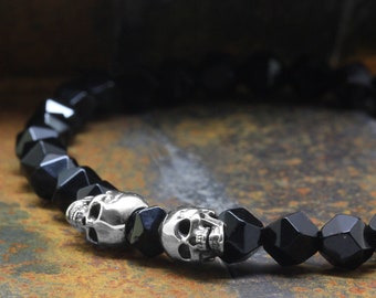 925 Sterling Silver Skull Bracelet, 6mm Onyx Gemstones Faceted Beads