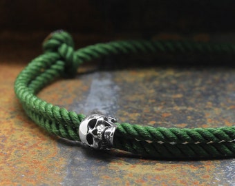 925 Sterling Silver Skull Bracelet, Sliding and adjustable Milanese Silk Kaki Cord