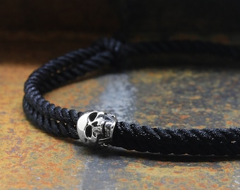 925 Sterling Silver Skull Bracelet, Sliding and adjustable Milanese Silk Black Cord