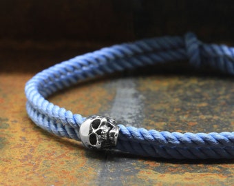 925 Sterling Silver Skull Bracelet, Sliding and adjustable Milanese Silk Blue Cord