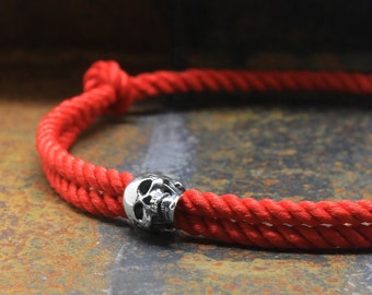 925 Sterling Silver Skull Bracelet, Sliding and adjustable Milanese Silk Red Cord