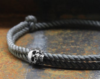 925 Sterling Silver Skull Bracelet, Sliding and adjustable Milanese Silk Grey Cord