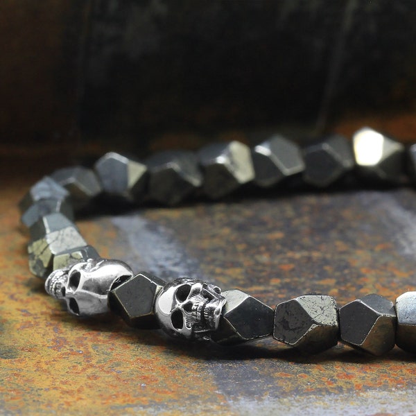 925 Sterling Silver Skull Bracelet, 6mm Pyrite Gemstones Faceted Beads